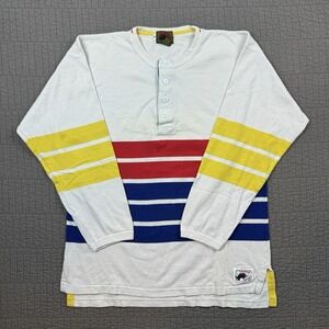 Vtg Boston Traders Henley Shirt Men's XL White Colorful‎ Stripes Rugby Style 90s